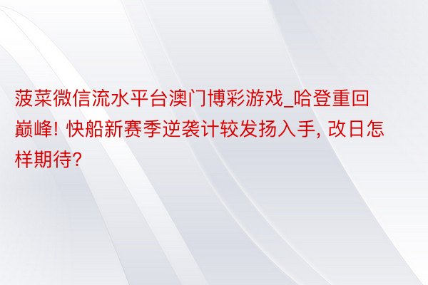 菠菜微信流水平台澳门博彩游戏_哈登重回巅峰! 快船新赛季逆袭计较发扬入手, 改日怎样期待?